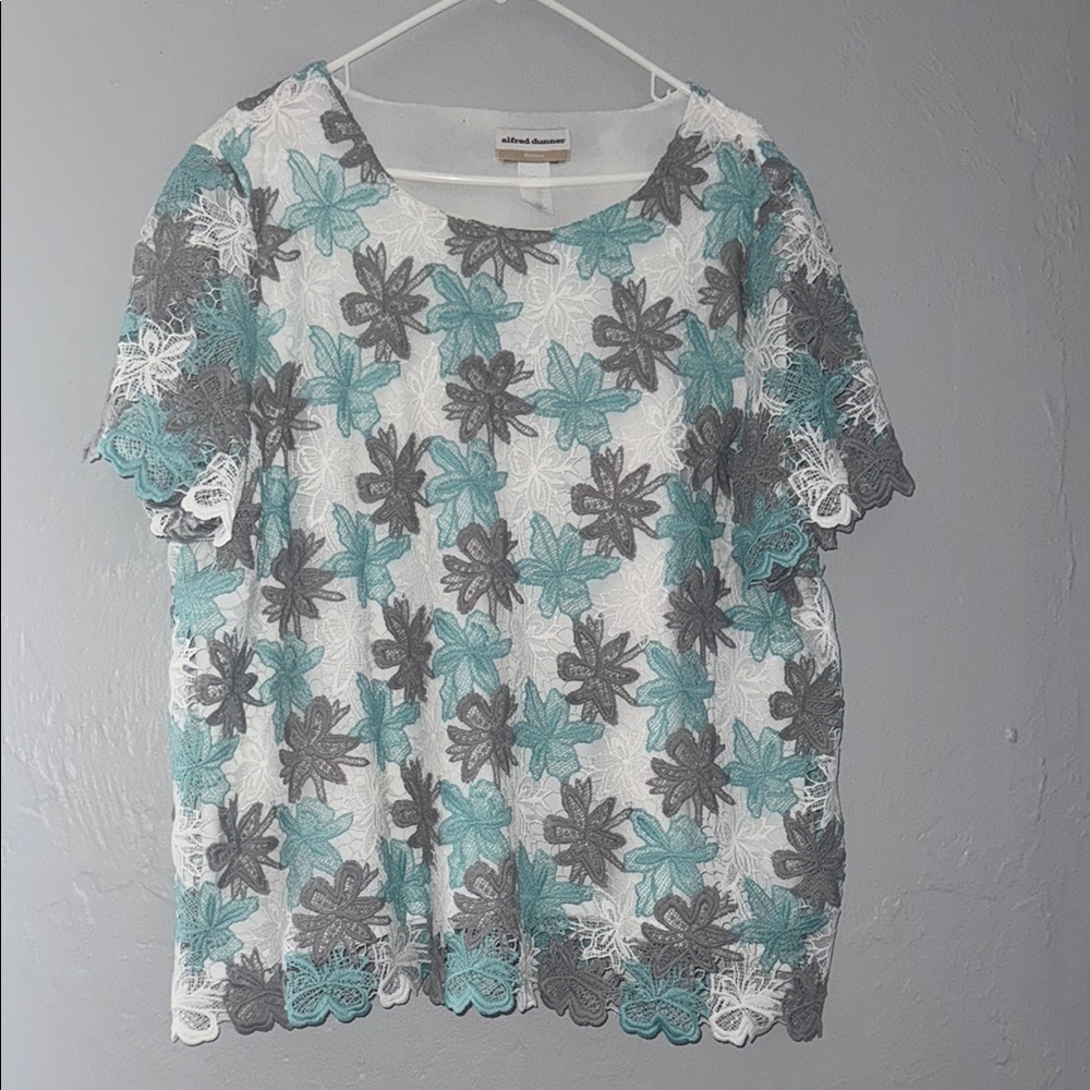 Alfred Dunner Women's Floral Lace Top - Gray and Blue 24